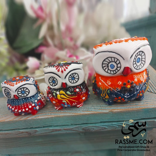 Three Turkish Ceramic Owls Enamel Color Set