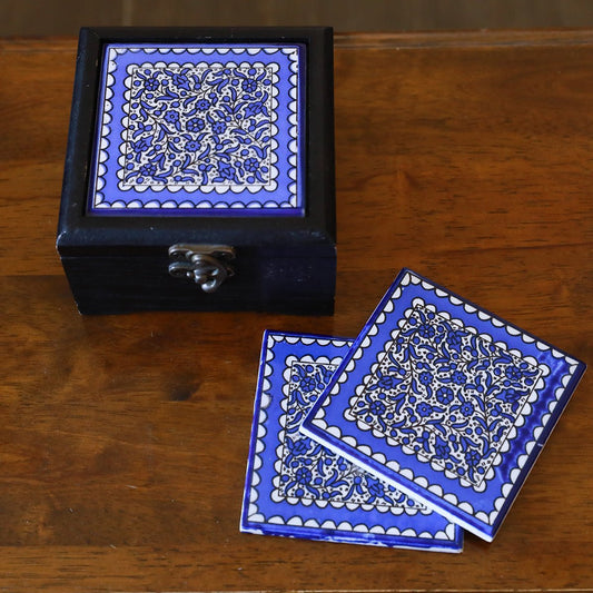 6 Blue Ceramic Coasters With Wooden Box - Rassme