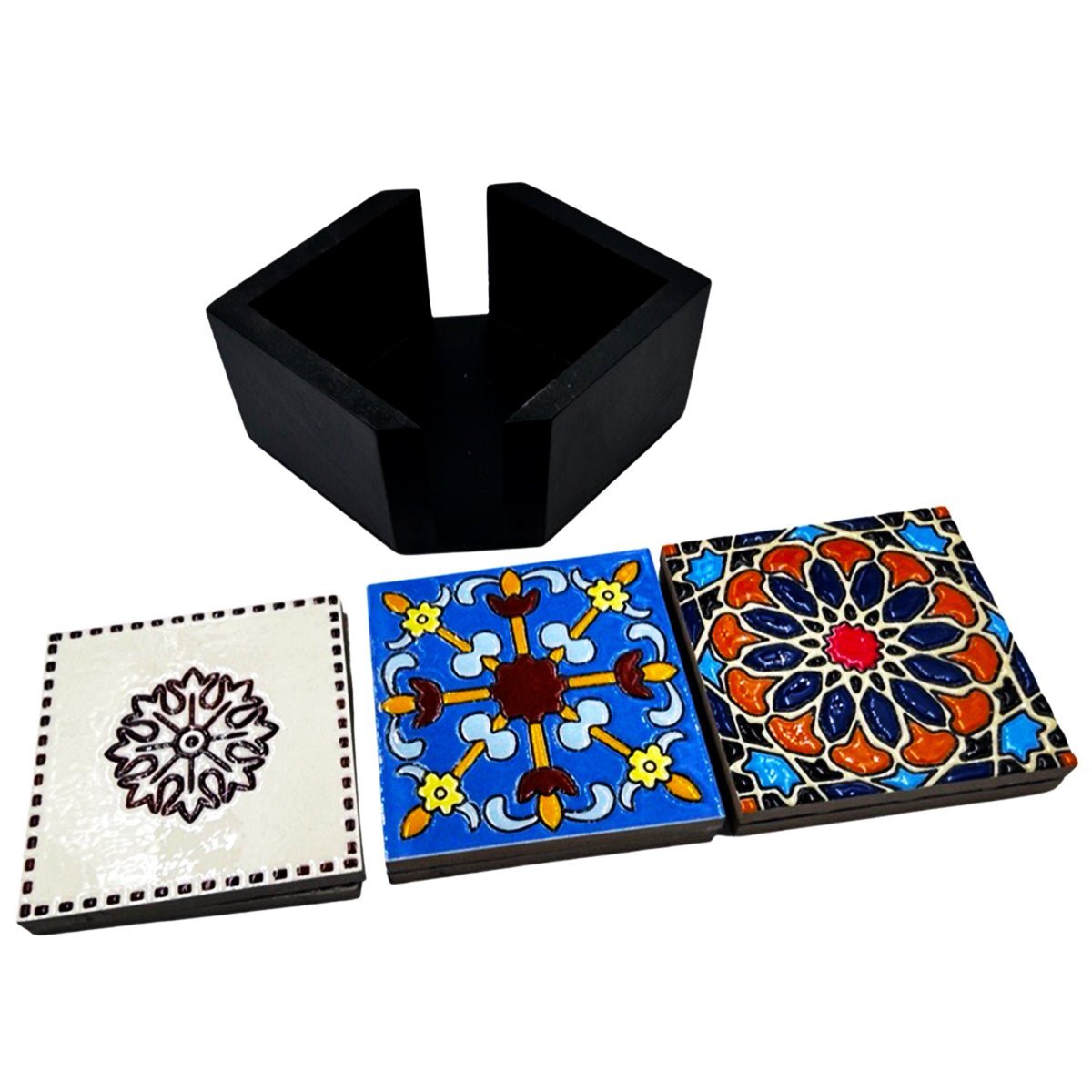 6 Ceramic Coasters With Wooden Holder - Rassme