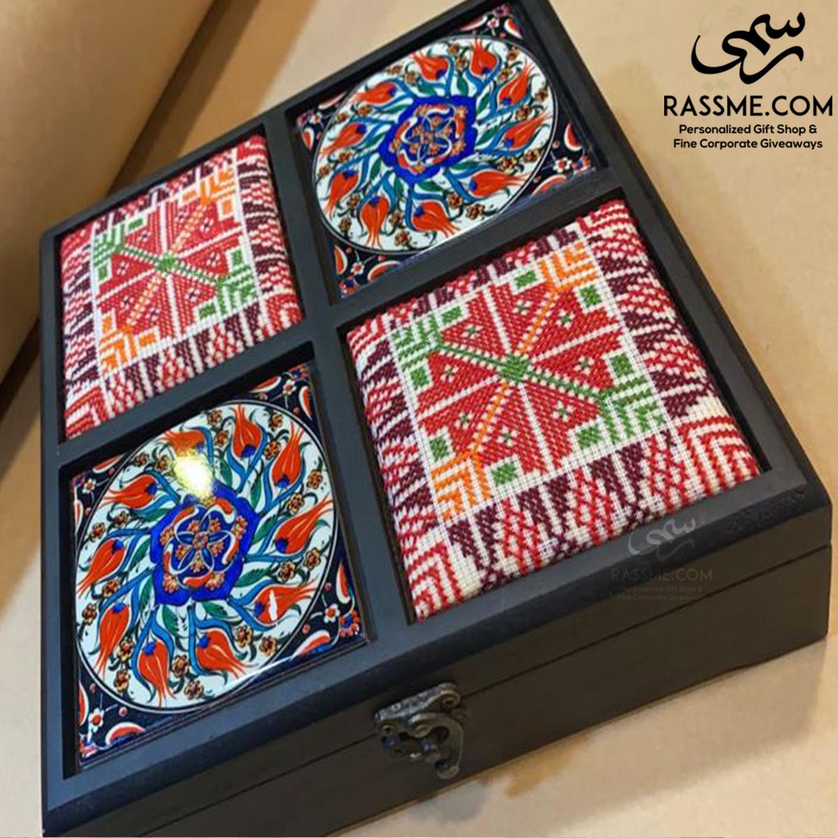 Personalized Wooden Tea Box Embroidery and Ceramic- صندوق شاي