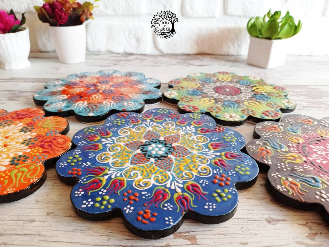 Ceramic Coaster Wall Dishes, Ceramic Tile Trivet, Hot Pad, Kitchen Decor hanging - Rassme