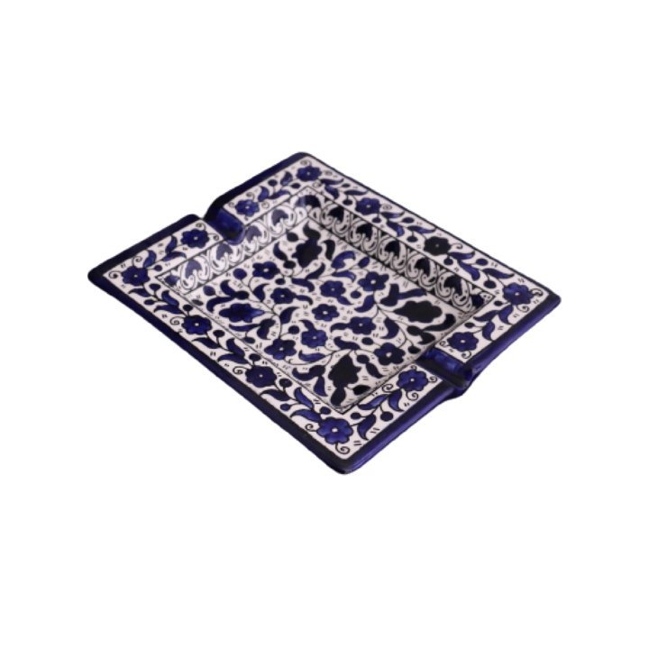 Hand Painted SQUARE Blue Ceramic Floral Ashtray Hebron Pottery - Rassme