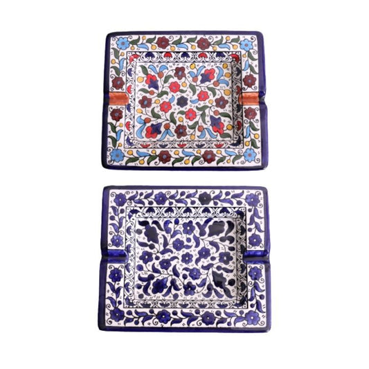 Hand Painted SQUARE Blue Ceramic Floral Ashtray Hebron Pottery - Rassme