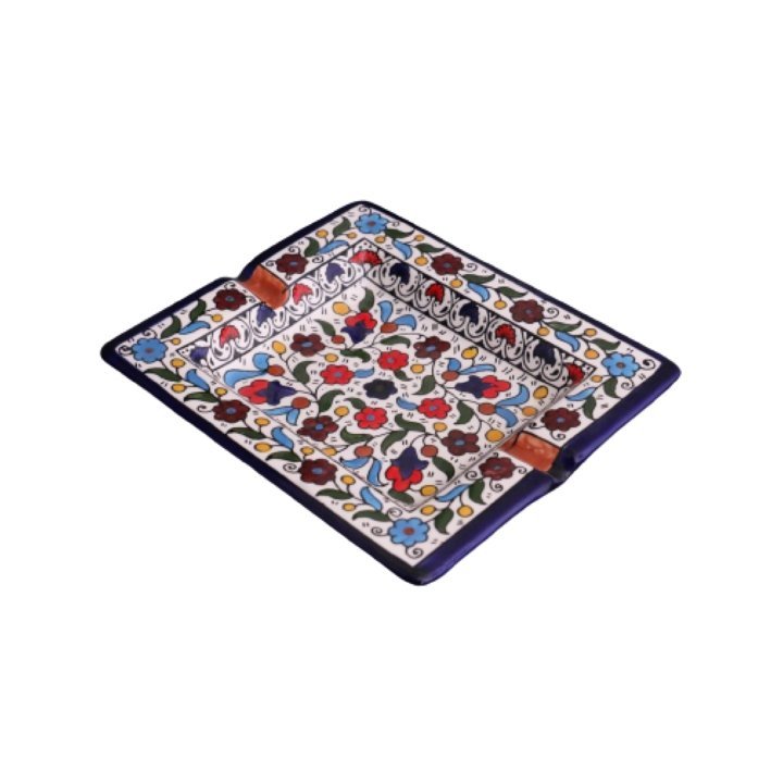 Hand Painted SQUARE Blue Ceramic Floral Ashtray Hebron Pottery - Rassme