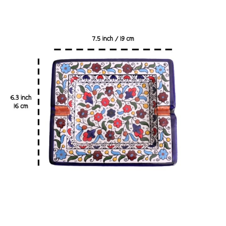 Hand Painted SQUARE Blue Ceramic Floral Ashtray Hebron Pottery - Rassme