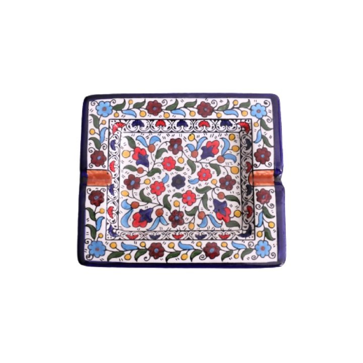 Hand Painted SQUARE Blue Ceramic Floral Ashtray Hebron Pottery - Rassme