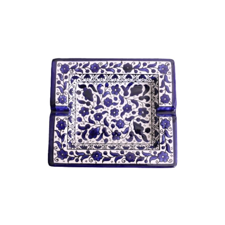 Hand Painted SQUARE Blue Ceramic Floral Ashtray Hebron Pottery - Rassme