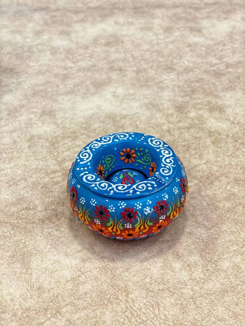 Handmade Ceramic Ashtray with Lid Decorative Turkish Hand Painted - Rassme