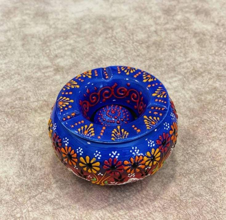 Handmade Ceramic Ashtray with Lid Decorative Turkish Hand Painted - Rassme