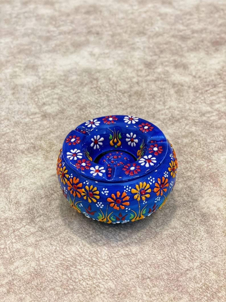 Handmade Ceramic Ashtray with Lid Decorative Turkish Hand Painted - Rassme