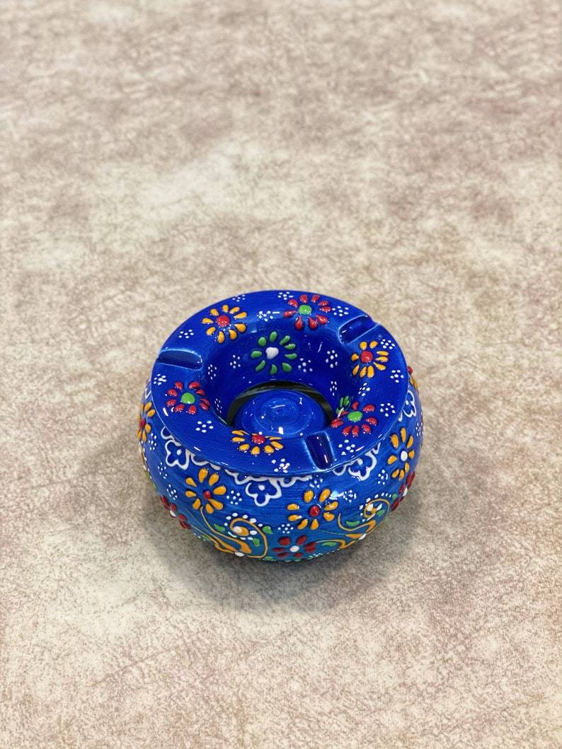 Handmade Ceramic Ashtray with Lid Decorative Turkish Hand Painted - Rassme