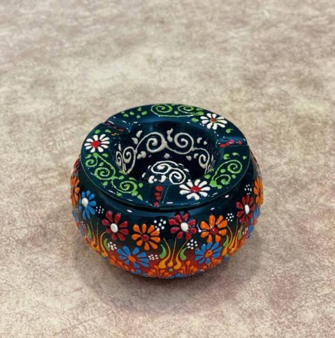 Handmade Ceramic Ashtray with Lid Decorative Turkish Hand Painted - Rassme