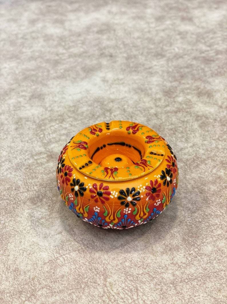 Handmade Ceramic Ashtray with Lid Decorative Turkish Hand Painted - Rassme