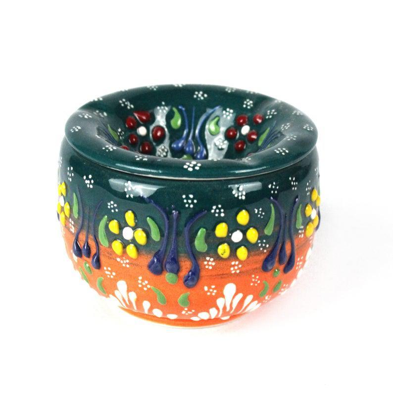 Handmade Ceramic Ashtray with Lid Decorative Turkish Hand Painted - Rassme