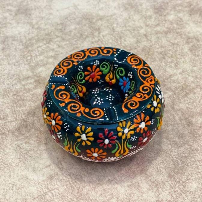 Handmade Ceramic Ashtray with Lid Decorative Turkish Hand Painted - Rassme