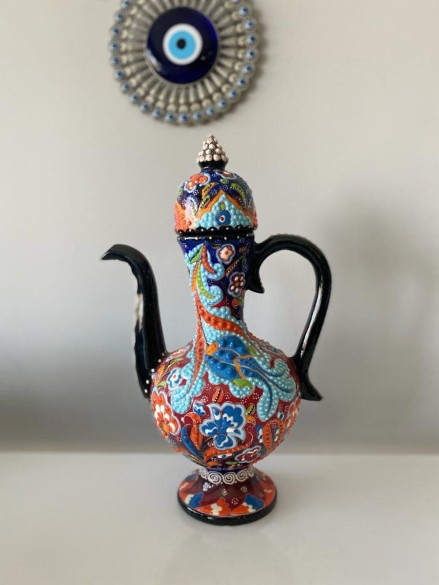 Handmade Handprinted Turkish Ceramic Ewer Pitcher Vase Home Decor - Rassme