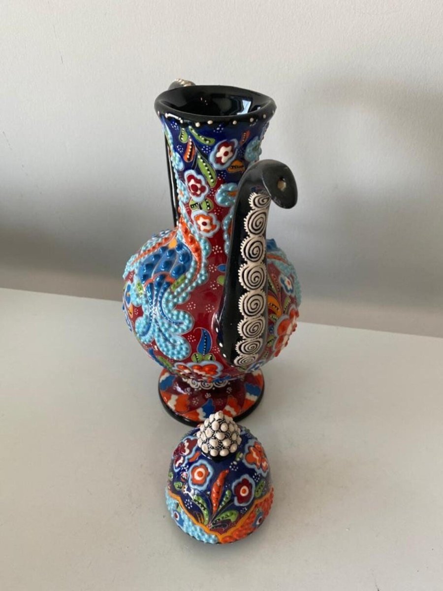 Handmade Handprinted Turkish Ceramic Ewer Pitcher Vase Home Decor - Rassme