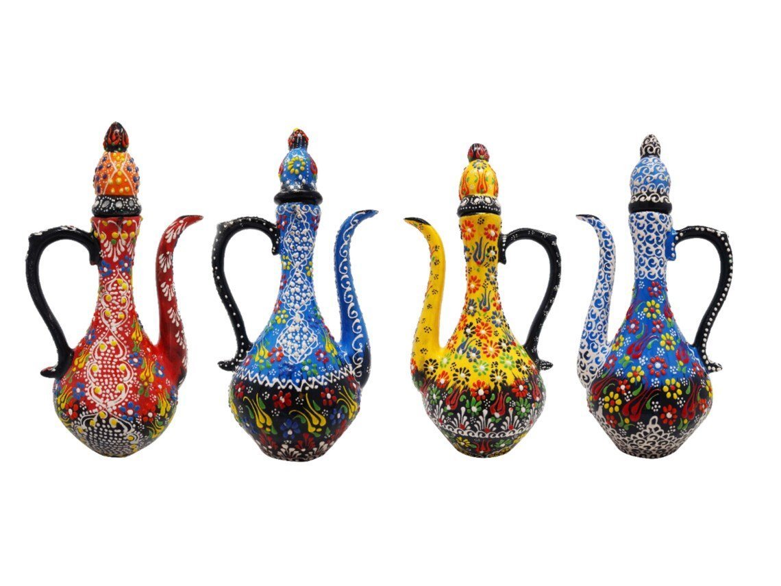 Handmade Handprinted Turkish Ceramic Ewer Pitcher Vase Home Decor - Rassme
