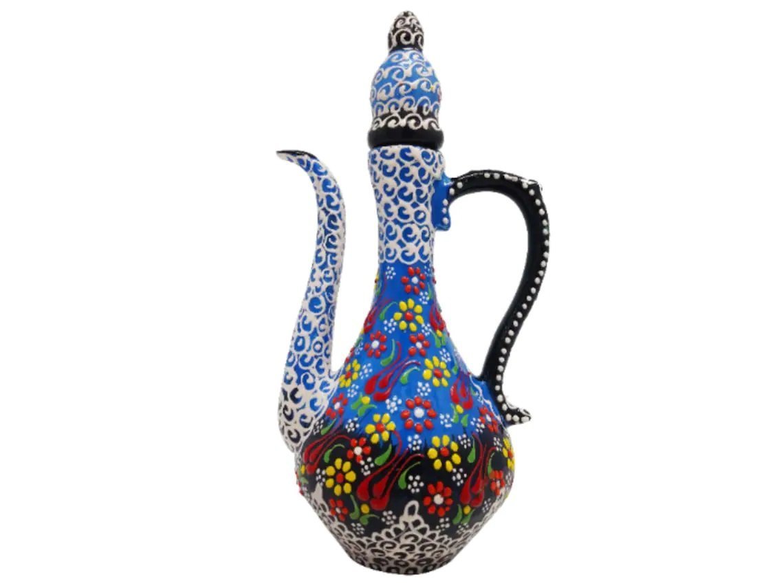 Handmade Handprinted Turkish Ceramic Ewer Pitcher Vase Home Decor - Rassme