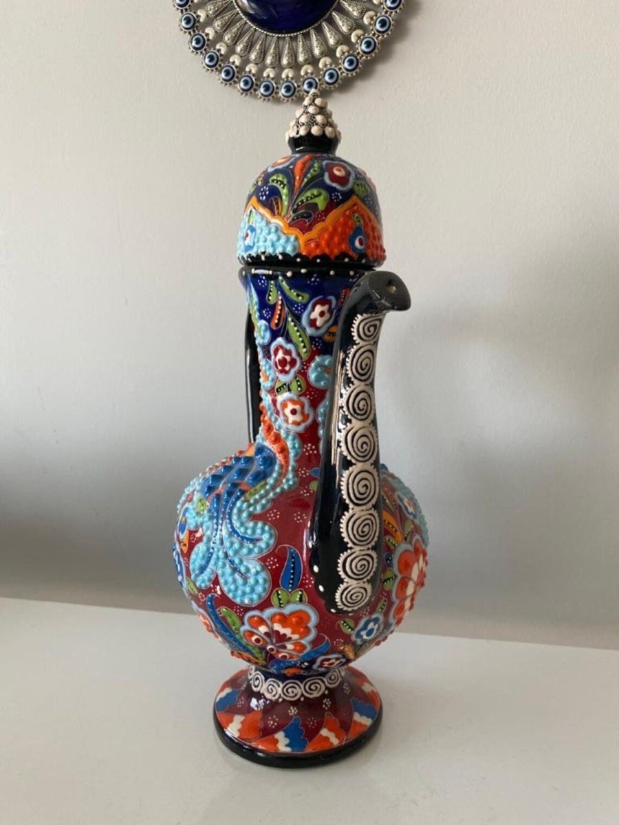Handmade Handprinted Turkish Ceramic Ewer Pitcher Vase Home Decor - Rassme