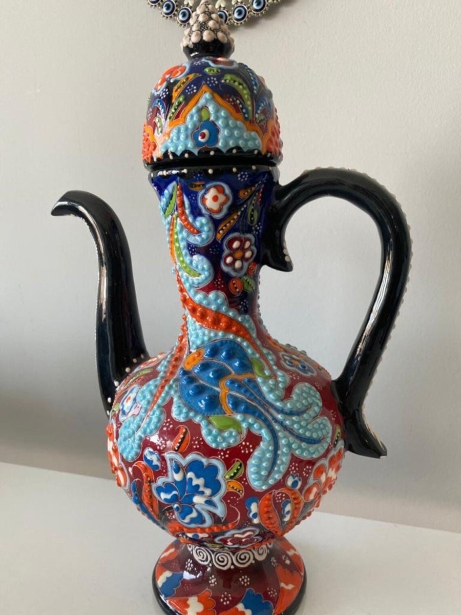 Handmade Handprinted Turkish Ceramic Ewer Pitcher Vase Home Decor - Rassme