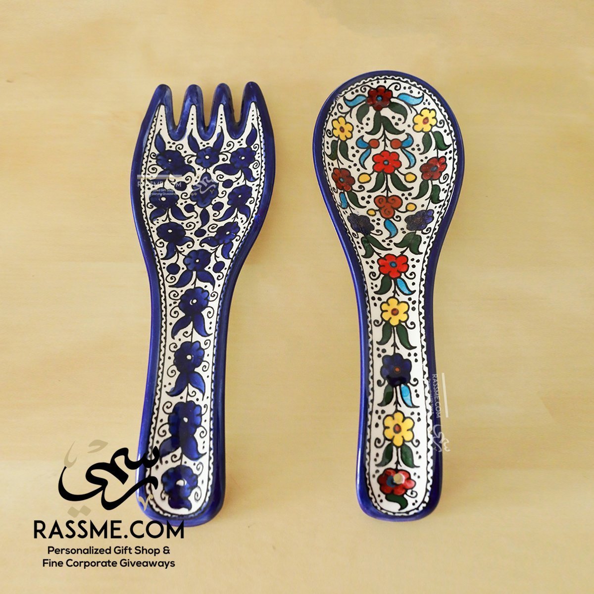 Handmade in Palestinian Ceramics Pottery Fork & Spoon Palm Jordan - Rassme