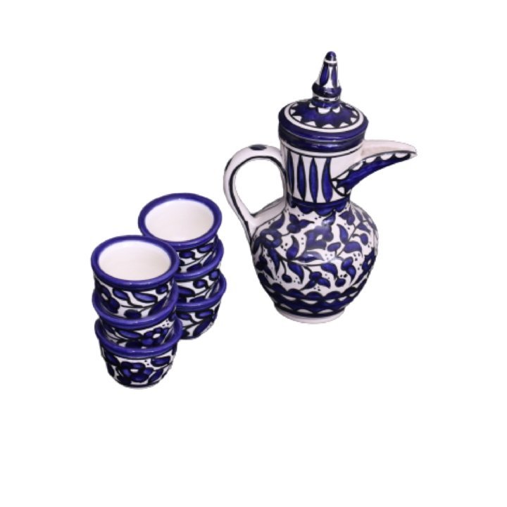 Palestinian Floral Ceramic Pot Dallah With 6 Cups Coffee Set - Rassme