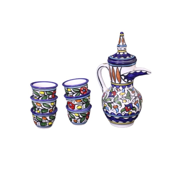 Palestinian Floral Ceramic Pot Dallah With 6 Cups Coffee Set - Rassme