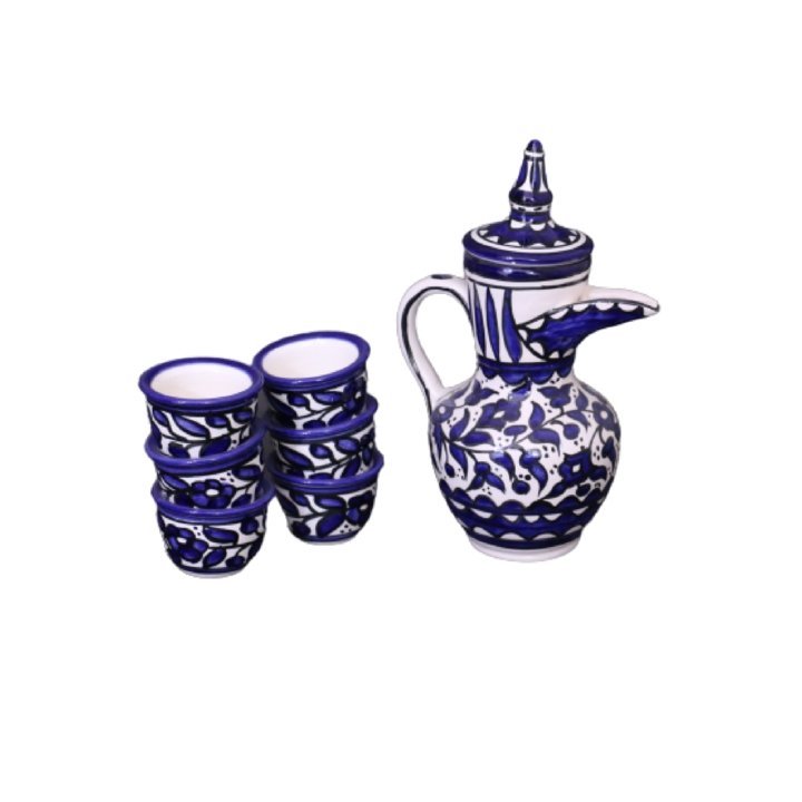 Palestinian Floral Ceramic Pot Dallah With 6 Cups Coffee Set - Rassme