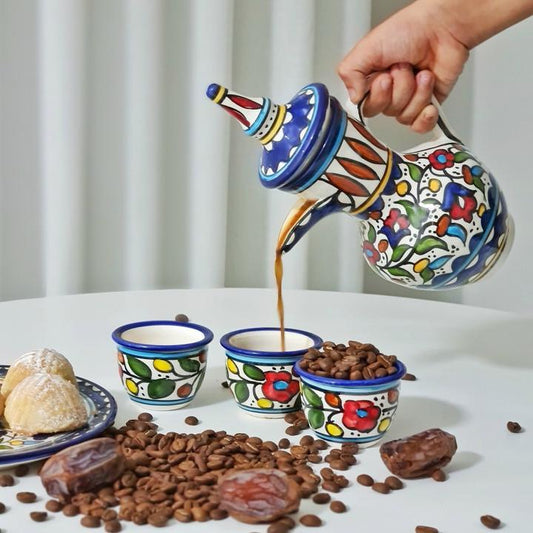 Palestinian Floral Ceramic Pot Dallah With 6 Cups Coffee Set - Rassme