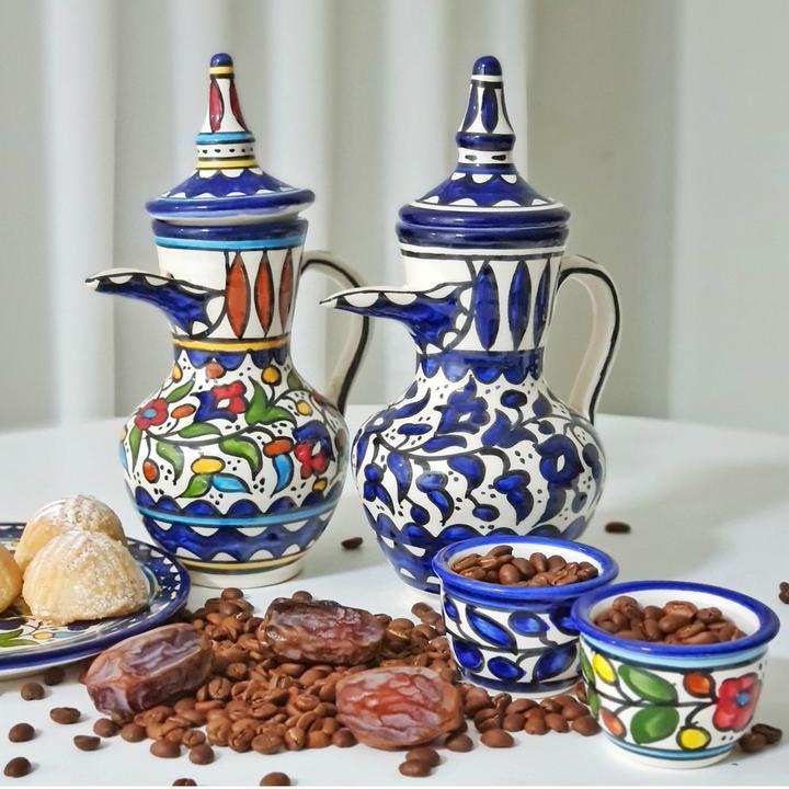 Palestinian Floral Ceramic Pot Dallah With 6 Cups Coffee Set - Rassme