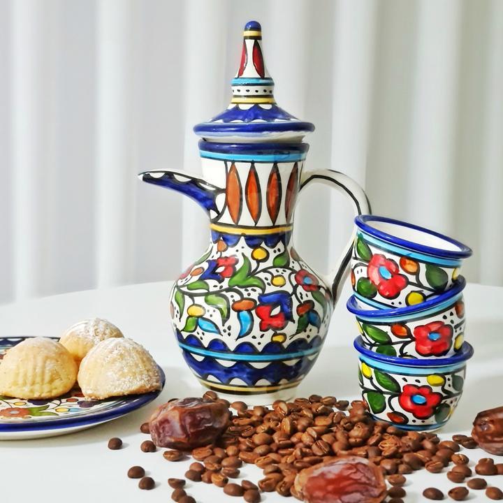 Palestinian Floral Ceramic Pot Dallah With 6 Cups Coffee Set - Rassme