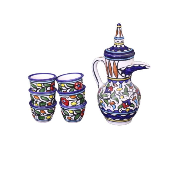 Palestinian Floral Ceramic Pot Dallah With 6 Cups Coffee Set - Rassme