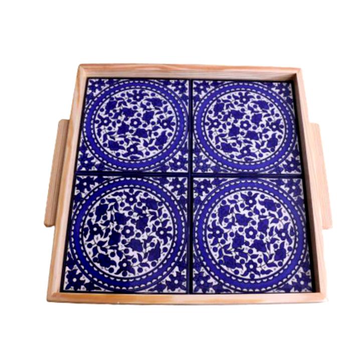 Wooden Colorful Blue Ceramic Medium Tray - Rassme